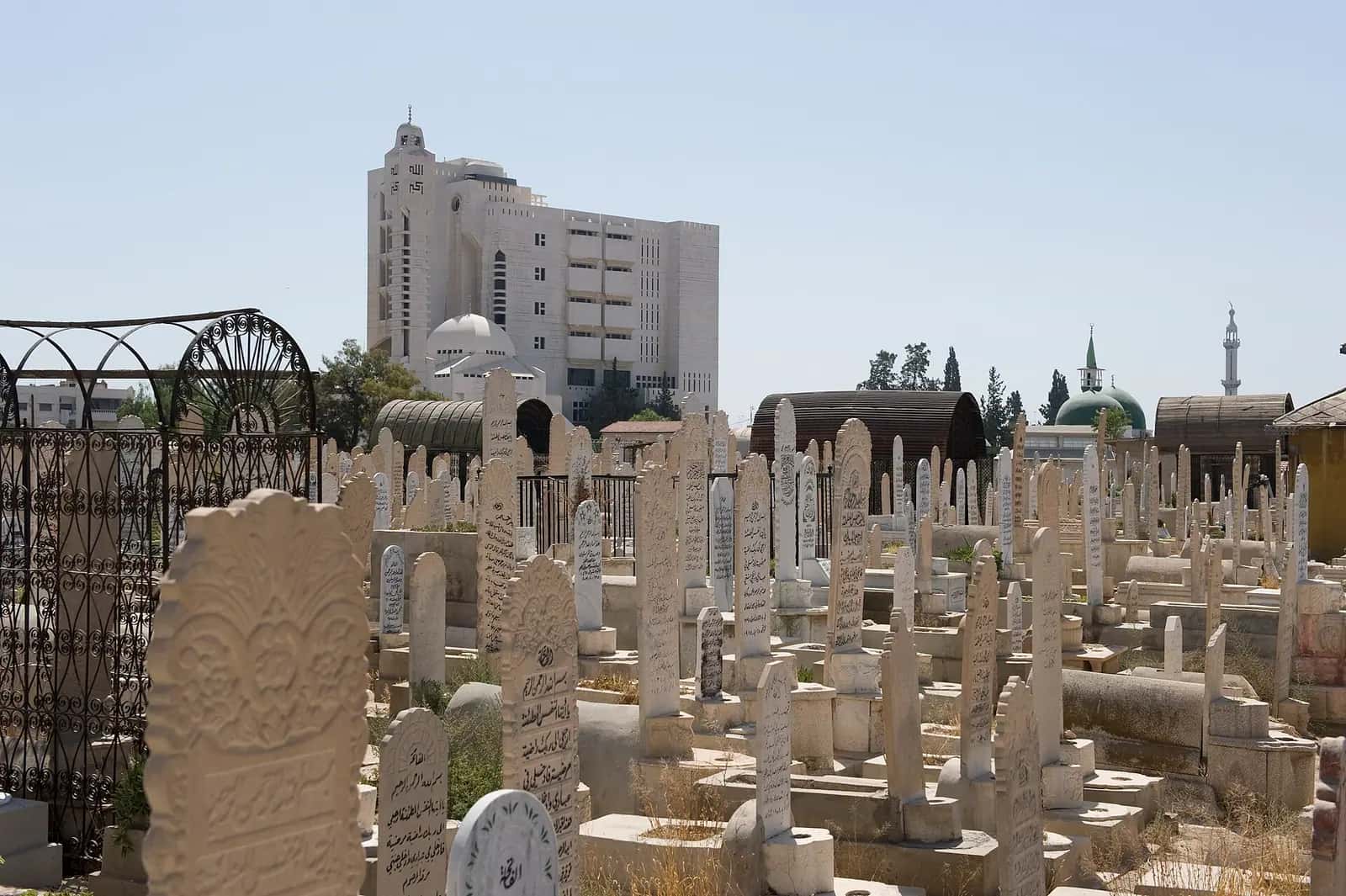 Bâbüssagīr Mezarlığı'nda sıralı mezar taşları ve arkada kubbeli türbeler