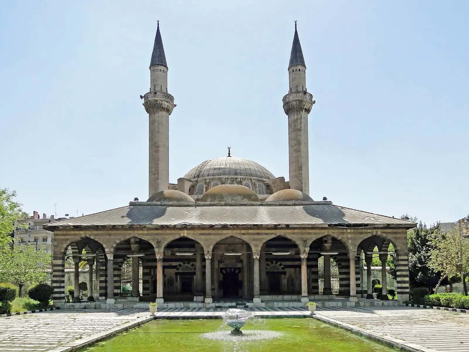 Süleymaniye Tekkiyesi camisinin kubbesi, iki ince minaresi ve önündeki havuz