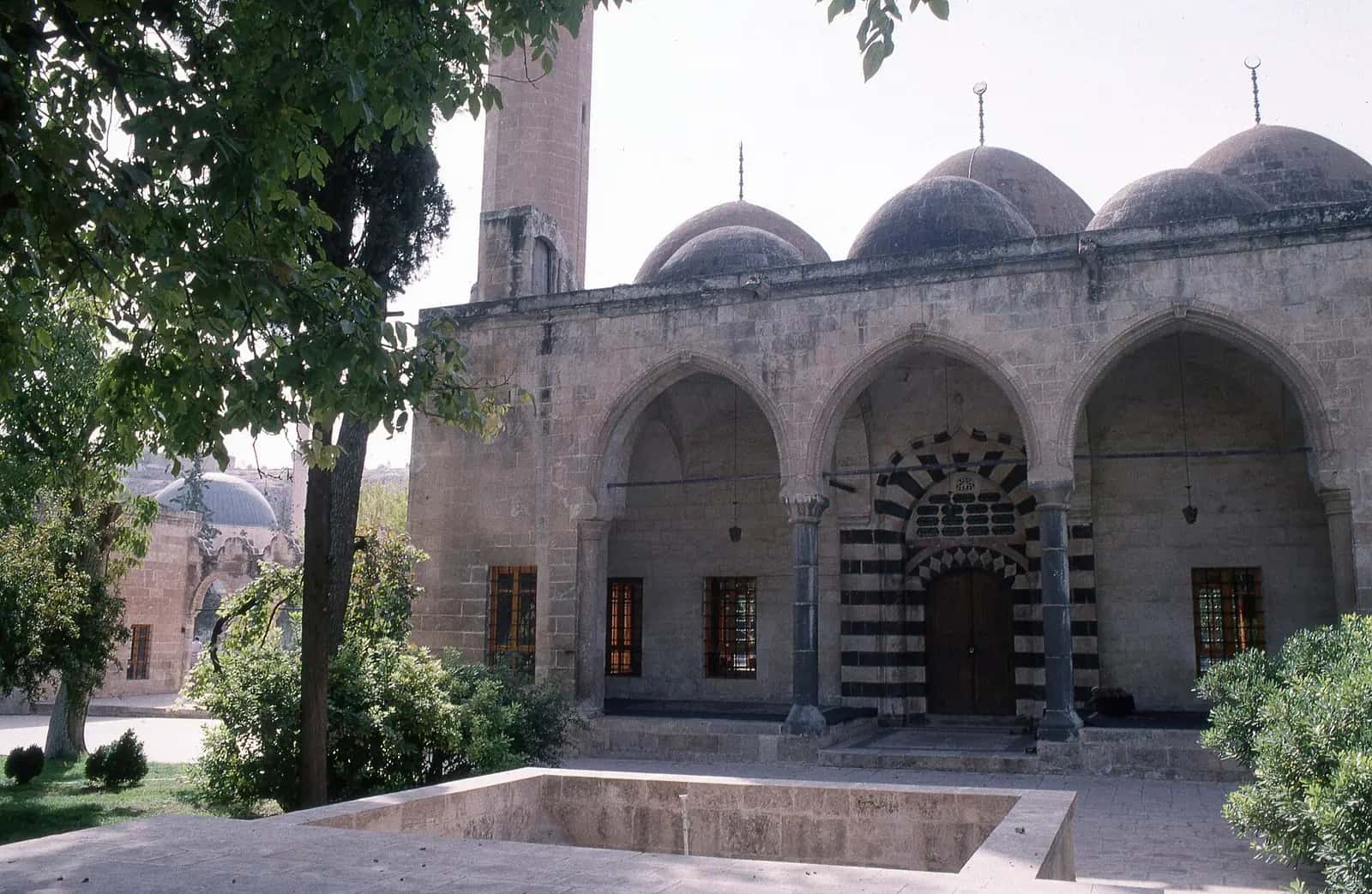Rızvaniye Camii'nin kubbeleri, revaklı son cemaat yeri ve iki renkli taş işçilikli giriş kapısı