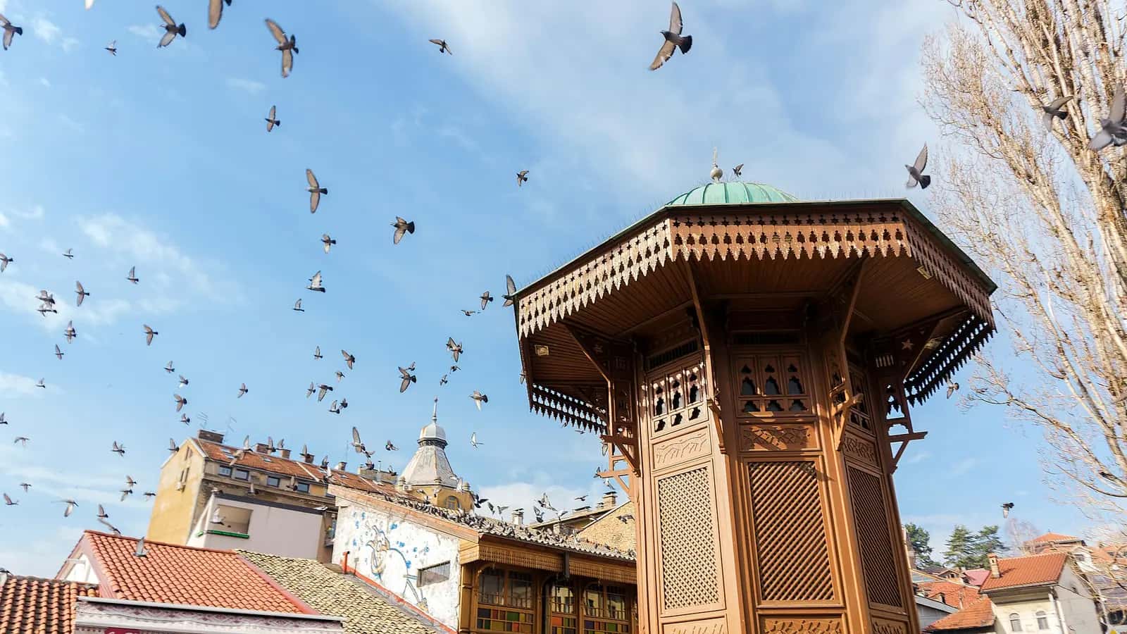 Başçarşı meydanındaki ahşap Sebil çeşmesi ve üzerinde uçan güvercinler